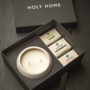 CAJA DE VELA AROMÁTICA EN CERÁMICA + TRÍO DE JABONES WEMBÉ